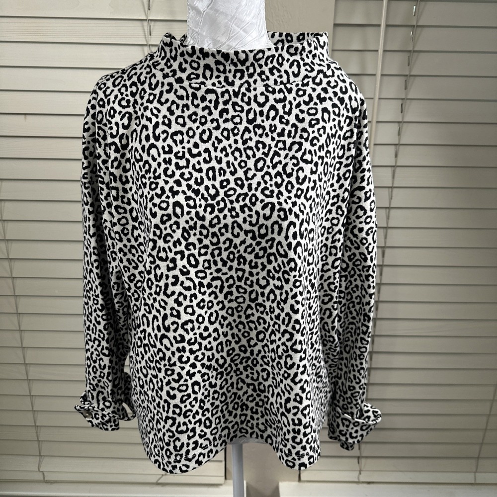 Ann Taylor Knit Shirt Womens Large Leopard Animal Print Mock Neck Long Sleeve